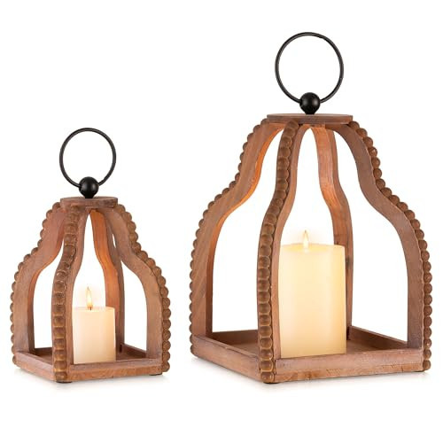 Staymoment Wood Lanterns Decorative Indoor: Farmhouse Hanging Candle Holder Set of 2 Brown Table Centerpiece Fireplace Mantle Shelf Rustic Home Decor Fall Ornaments | Amazon (US)