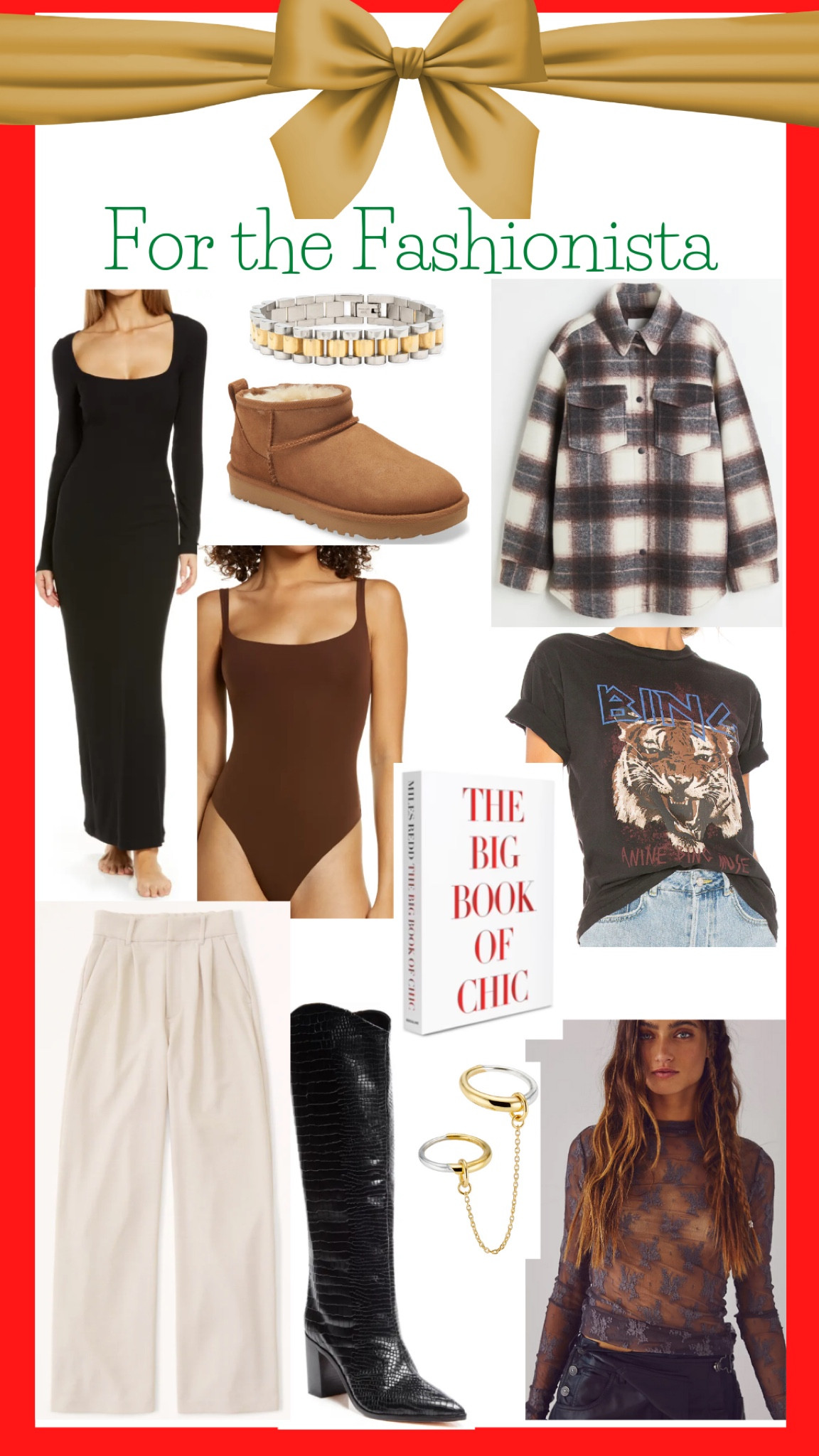 For the fashionista in your life!
Graphic tee, plaid shacket, skims bodysuit, trouser pants, mid knee boot, lace layering top, mixed metal jewelry, ultra mini Uggs

#LTKHoliday #LTKSeasonal #LTKGiftGuide