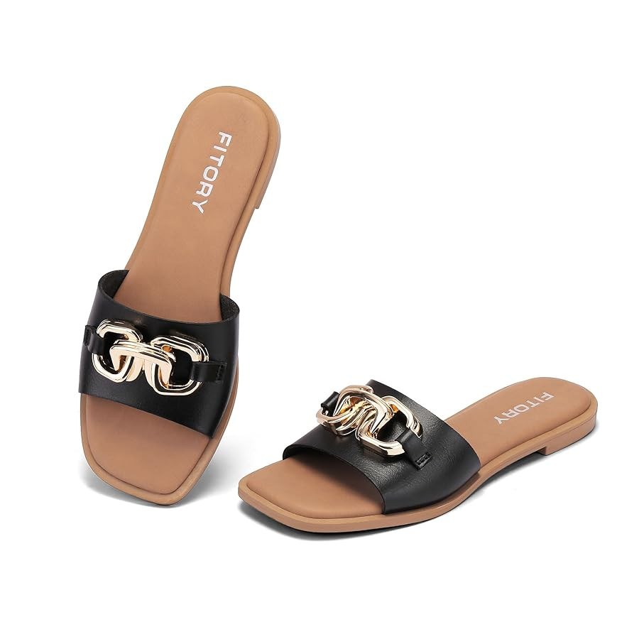 FITORY Women's Flat Slide Sandals with Gold Accents, Lightweight Faux Leather Slippers for Summer... | Amazon (CA)
