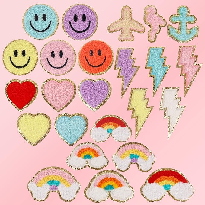 24 PCS Chenille Patches Iron on Patches for Clothing, Cute Smiley Face Heart Rainbow Lightning Em... | Amazon (US)