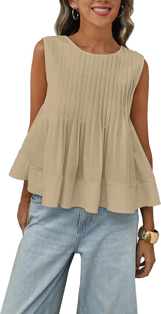Megfie Womens Summer Pleated Peplum Sleeveless Blouse Tank Tops Round Neck Y2K Babydoll Blouse Sh... | Amazon (US)