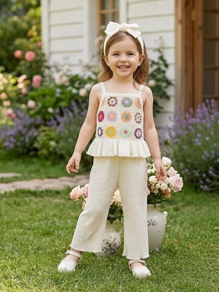 Toddler Baby Girl Summer Clothes Outfits Crocheted Ruffle Camisole Pants Kids Clothing Set | Amazon (US)