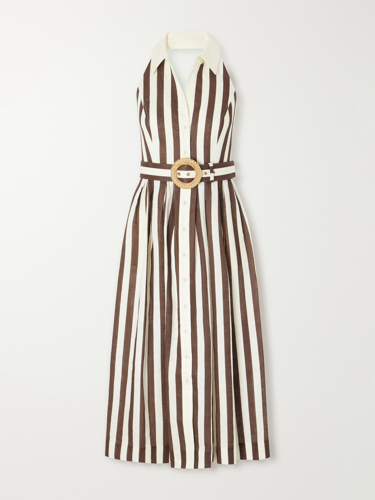 Cara Cara - Quentin Belted Pleated Striped Cotton-poplin Halterneck Midi Dress - Brown | NET-A-PORTER (US)