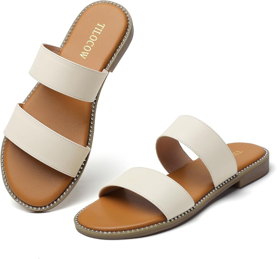 Tilocow Women's Flat Sandals with Rivets Inlaid Slip on Sandals Two Strap Casual Summer Slide Sho... | Amazon (US)