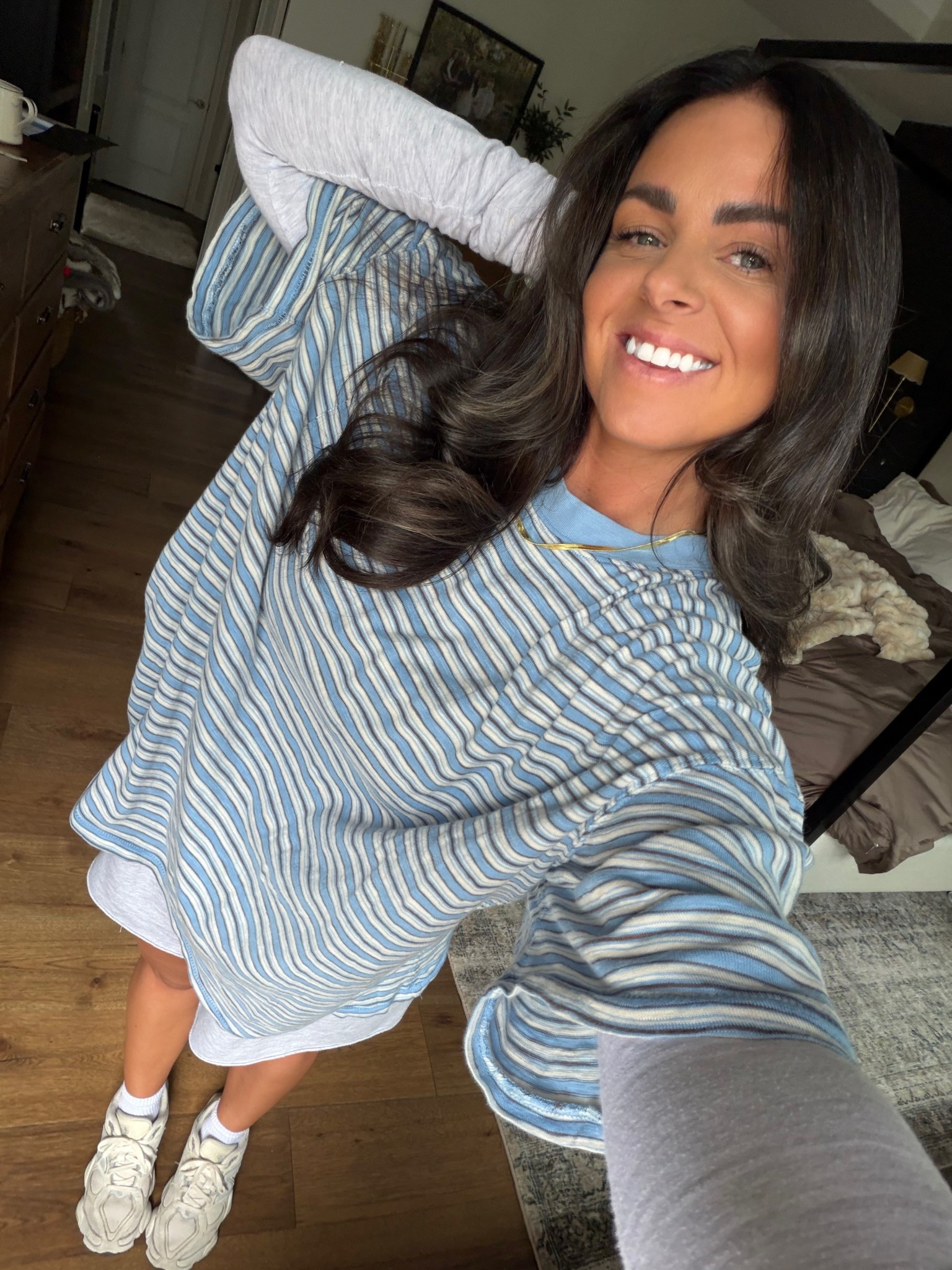 Free people oversized striped shirt 🤍🩵

#LTKdayinmylife #LTKootd #LTKgrwm