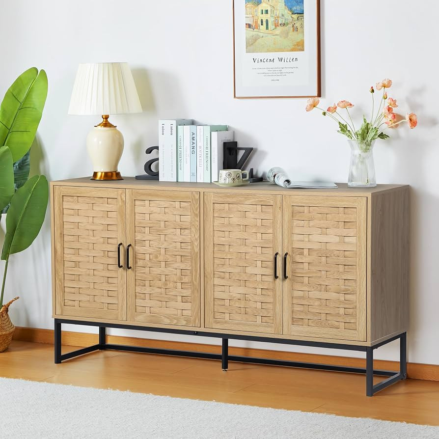 Sideboard Cabinet, Modern Buffet Storage Cabinet with Wooden Strip Doors and Adjustable Shelves,C... | Amazon (US)