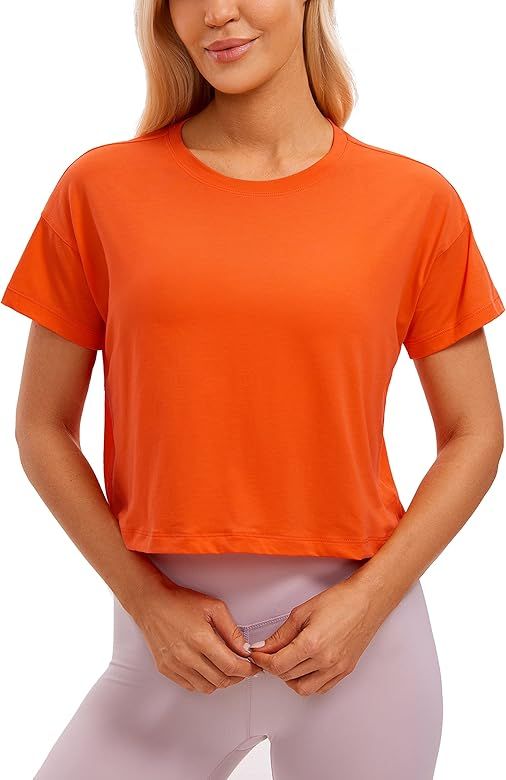 CRZ YOGA Women's Pima Cotton Workout Short Sleeve Shirts Loose Crop Tops Athletic Gym Shirt Casua... | Amazon (US)
