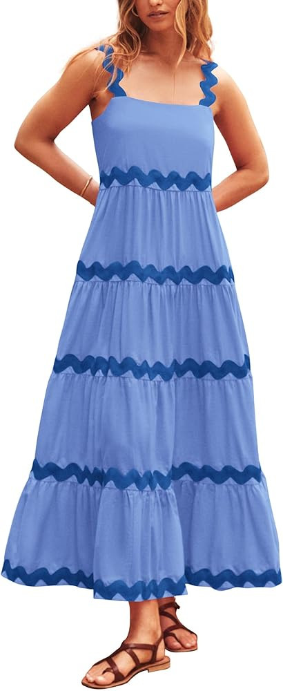 PRETTYGARDEN Women's 2024 Summer Maxi Sundress Spaghetti Strap Rickrack Ruffle Flowy Boho Casual ... | Amazon (US)