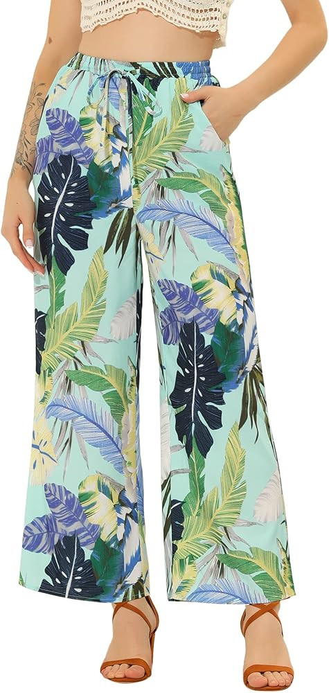 Allegra K Women's Floral Palazzo Elastic Waist Casual Wide Leg Tropical Beach Pants Large Pink at... | Amazon (US)