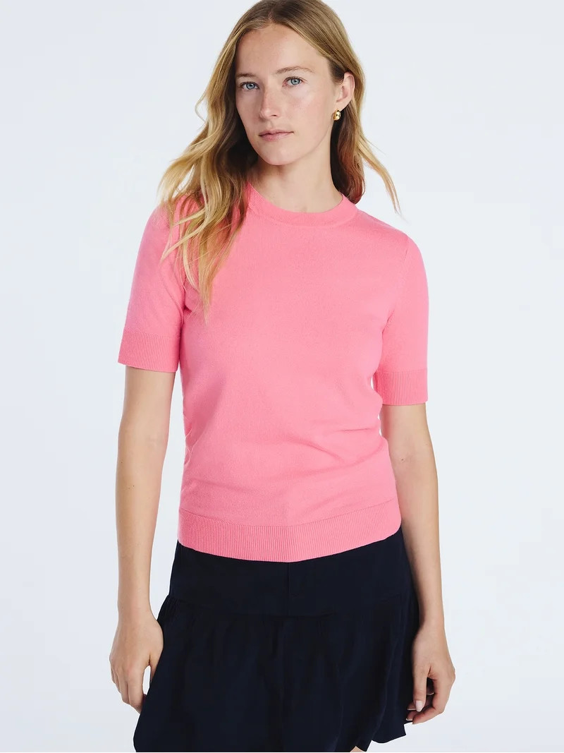 Free Assembly Women's and Women's Plus Cozy Yarn Shrunken Sweater Tee with Short Sleeves, Solid &... | Walmart (US)