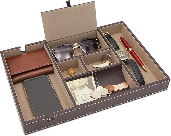 Amazon.com: Mens Valet Tray, Nightstand Organizer with 6 Compartments for Phone Wallet Keys (Brow... | Amazon (US)