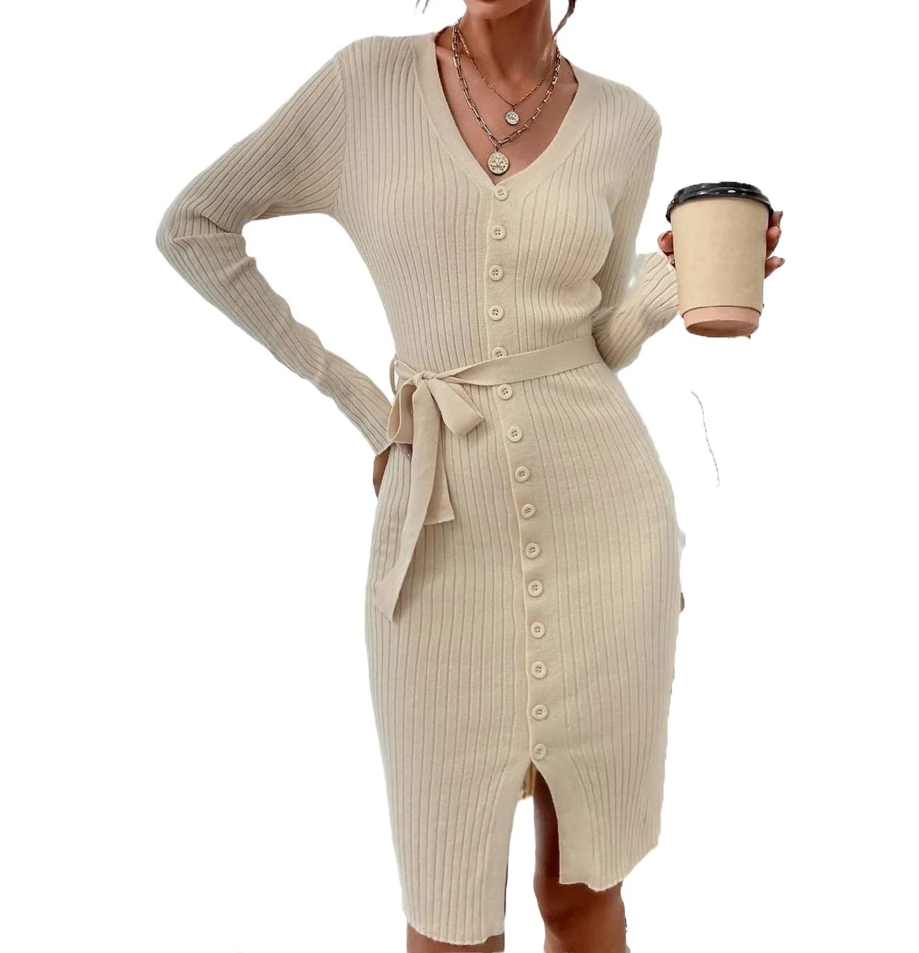 Womens Sweater Dresses Elegant Long Sleeve V neck Beige L | Walmart (US)