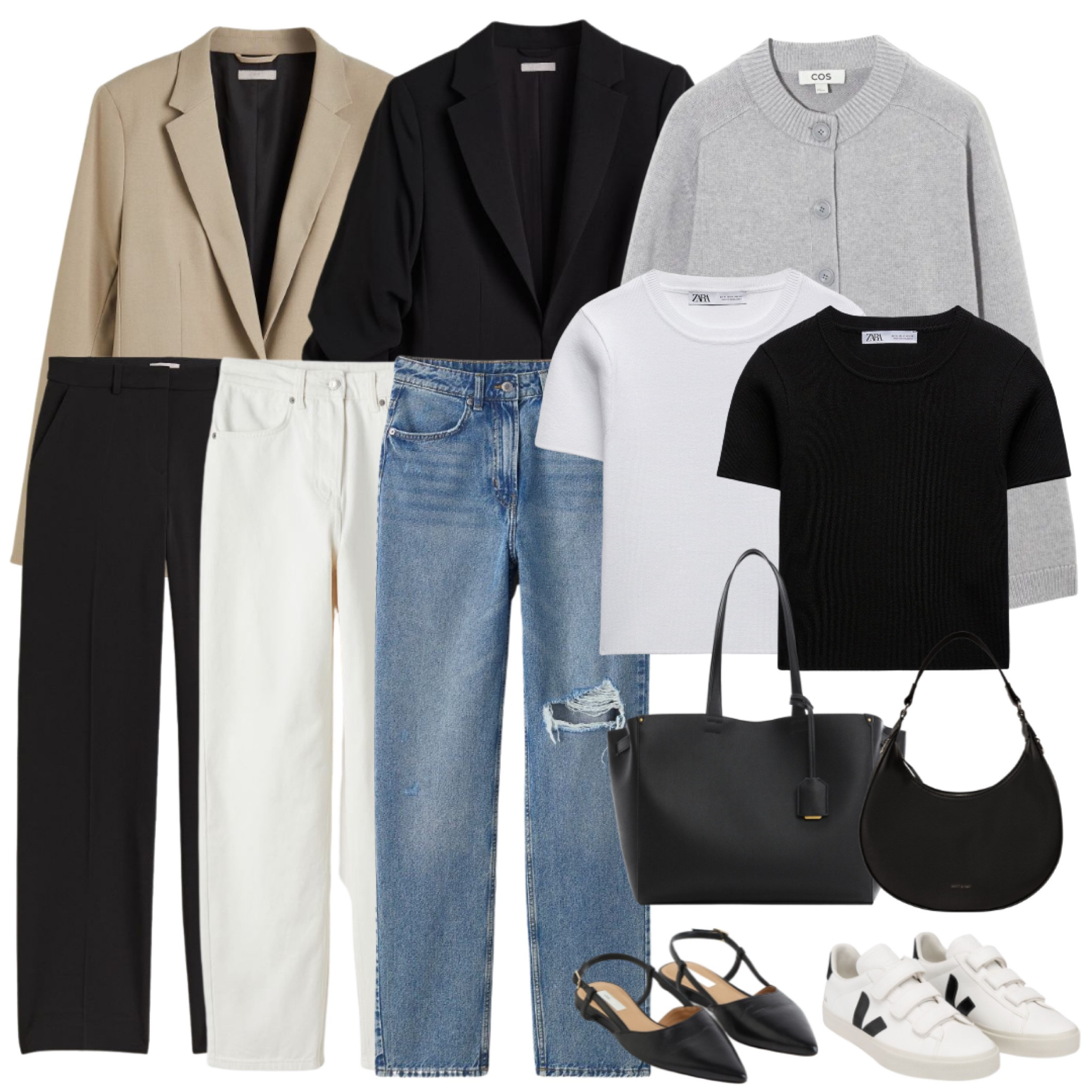 This is the spring neutral capsule wardrobe that includes a tan and black blazer, a grey cardigan (1152935002 is the code for the cardigan, it may be out of stock over on cos), two tops, jeans, pants, sling back flats, veja sneakers, mule loafers, a shopper and a purse.

#LTKfit #LTKstyletip #LTKworkwear