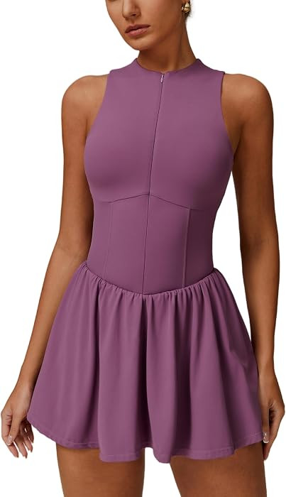 ABOCIW Womens Zip Front Tennis Dress High Neck Sleeveless Workout Golf Dresses Build in Shorts with Pockets | Amazon (US)
