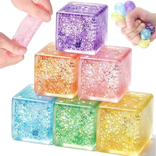 6 Pack Ice Cube Squishy Stress Balls, Glitter Fidget Cube Squeeze Toys for Kids Adults, Slow Rising Sparkly Sensory Squish Blocks, Party Favors, Goodie Bag Fillers | Amazon (US)