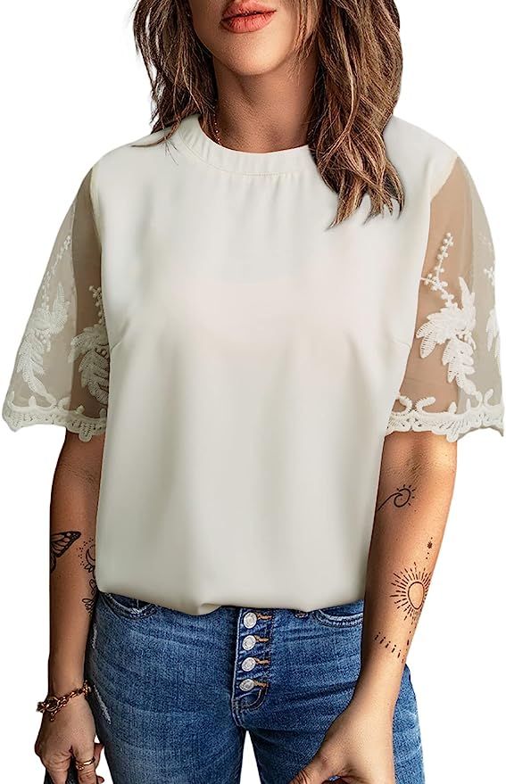 Astylish Women's Casual Blouse Shirts Short Sleeve Lace Loose Elegant Business Work Tops | Amazon (US)
