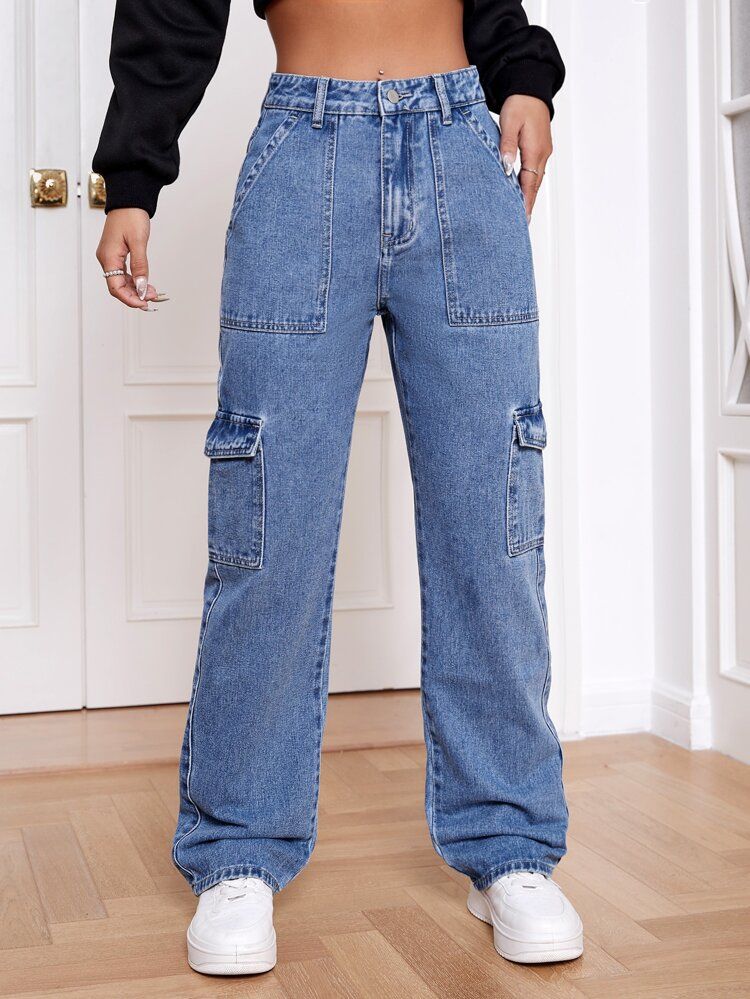 High Waist Flap Pocket Whip Stitch Cargo Jeans | SHEIN