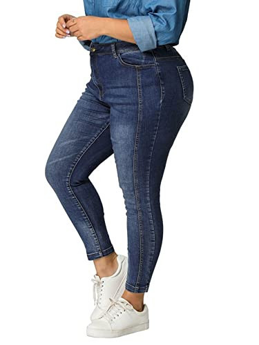 Agnes Orinda Women's Plus Size Jeans Washed Stretchy Skinny Jean Classic High Rise Casual Jeggings Denim Pants 2X Blue | Amazon (US)
