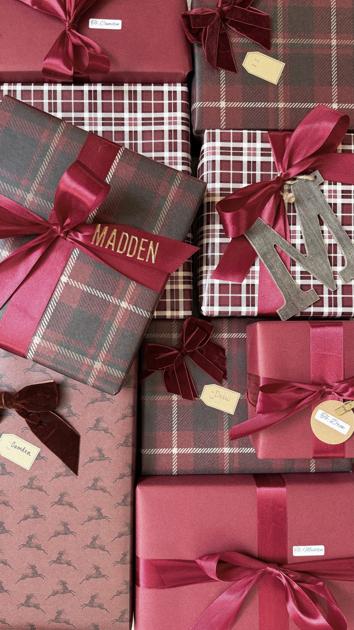 Wrapping paper inspo // Wrapping paper // Gift wrap // Burgundy gift wrap // Ribbon // Gift tags 

#LTKHoliday