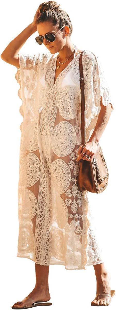 Colorful House Beach Cover Up for Women Lace Kaftan Bathing Suit Long Rayon Flowy Loose Maxi Dres... | Amazon (US)