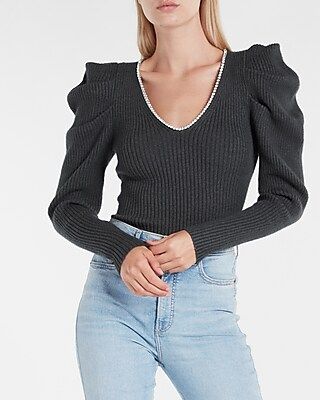 Embellished V-Neck Puff Sleeve Sweater | Express