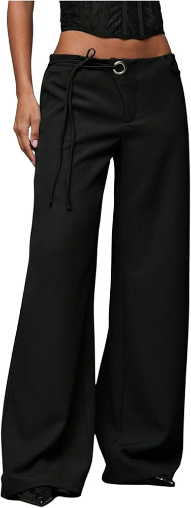 GORGLITTER Women's Low Rise Waisted Dress Pants Wide Leg Straight Trousers Work Slacks Pants Busi... | Amazon (US)