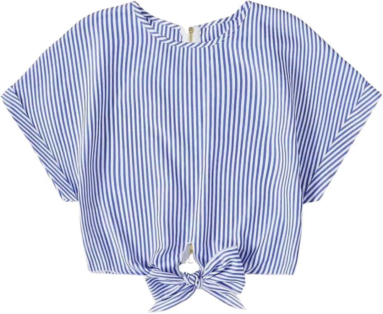 MakeMeChic Women's Casual Striped Print Tie Front Crewneck Blouse Short Sleeve Zip Back Cropped S... | Amazon (US)