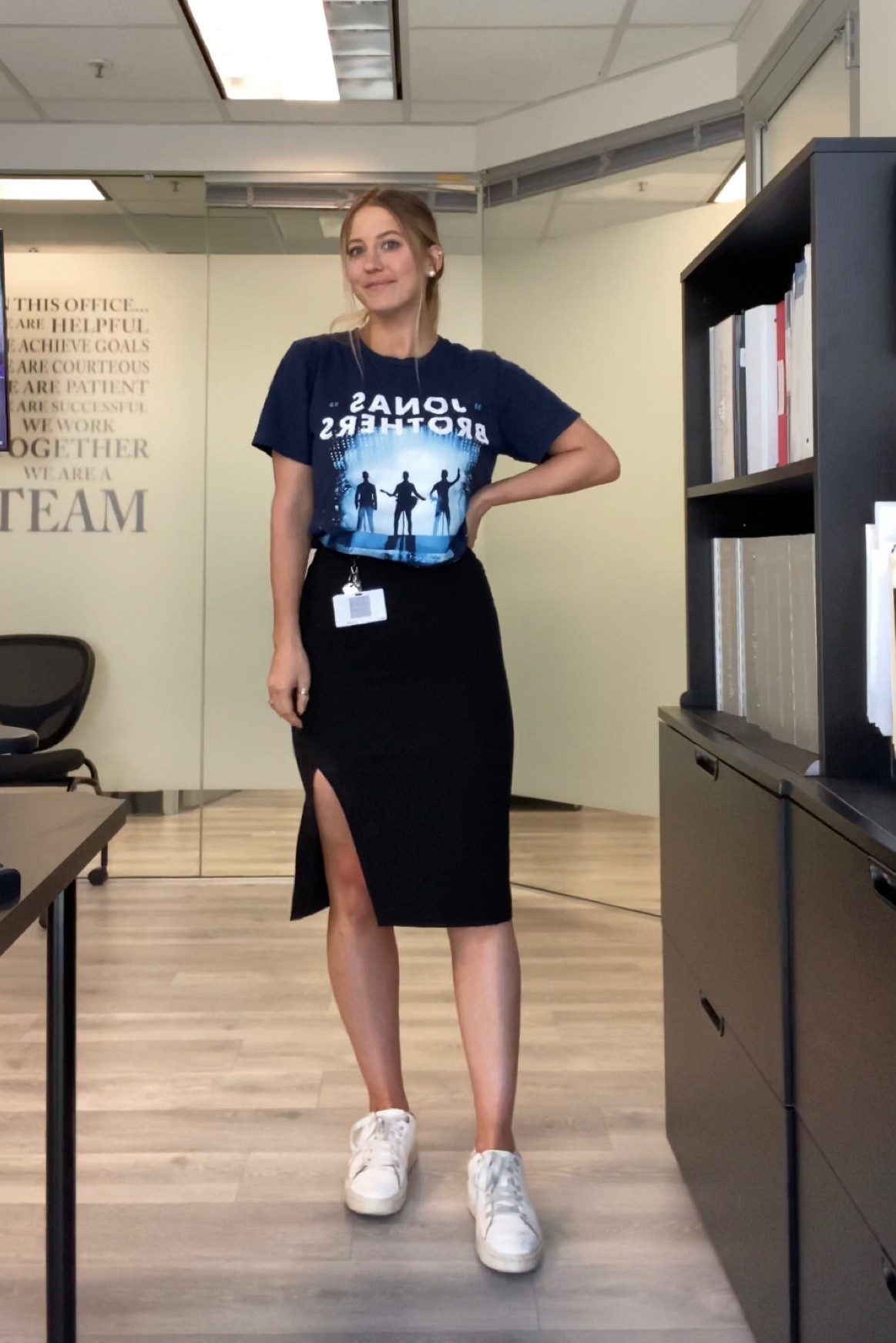 WORK FIT ✨ this one goes all to all my Jonas brothers fans out there 🫶🏼 but I loveddd this look and can pair with any graphic tee!! I linked a few! Got the skirt in a medium!

#LTKstyletip #LTKFind #LTKworkwear