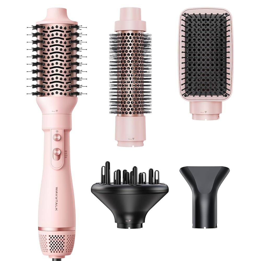 Blow Dryer Brush Set, Wavytalk Air Sculpt 5-in-1 Hot Air Brush Set, Multi Hair Styler for Salon Blowouts, Smooth Curls, Volumizing and Straightening, Sleek and Less Frizz, Pink | Amazon (US)