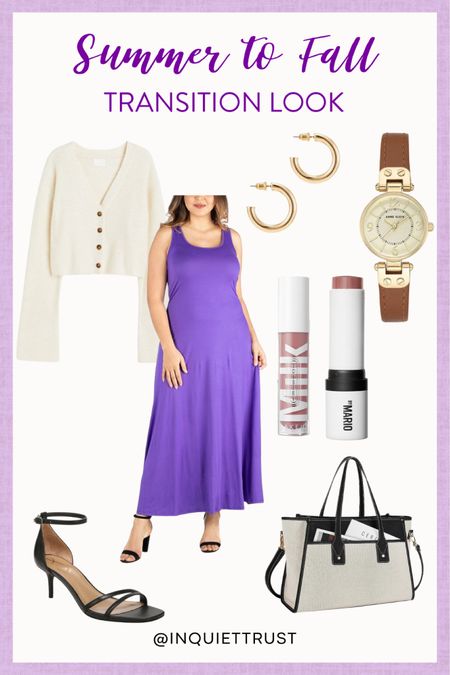 Here's a transition look you can copy: purple maxi dress, white cardigan, black sandals and more!

#transitionstyle #beautypicks #curvyoutfit #outfitinspo 

#LTKFind #LTKbeauty #LTKstyletip