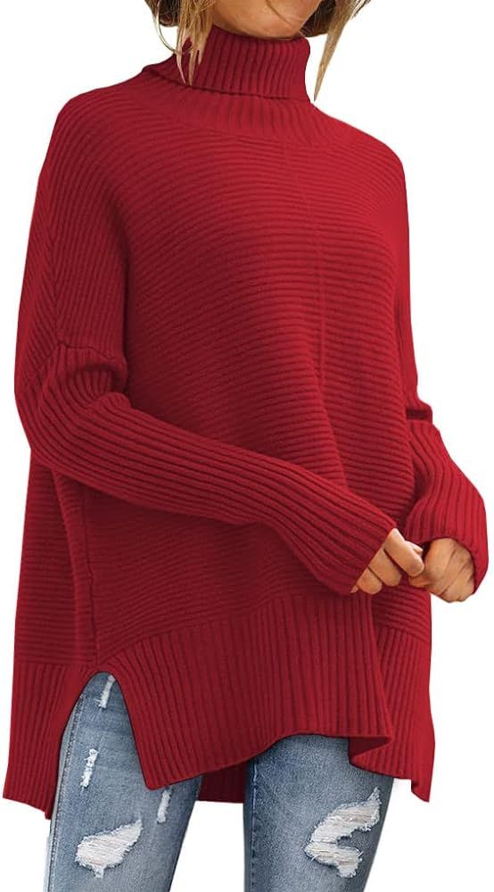 LILLUSORY Womens Turtleneck Oversized Tunic Fall Sweaters 2022 Long Batwing Sleeve Spilt Hem Pullove | Amazon (US)