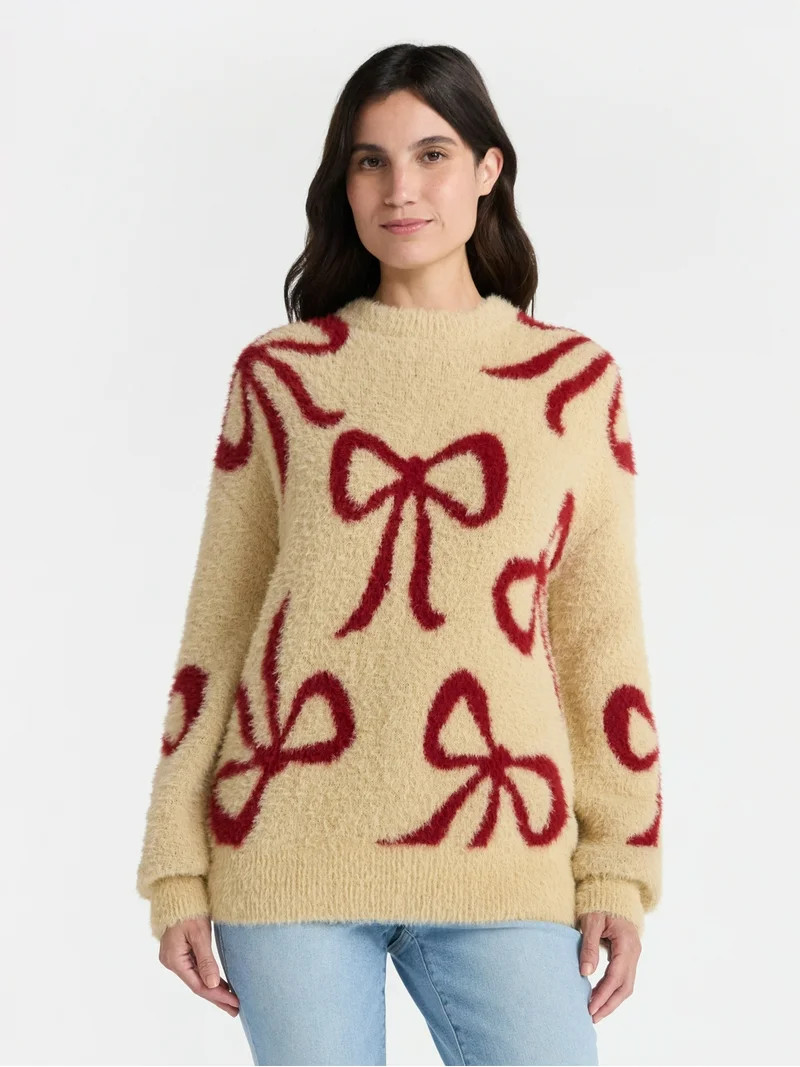 99 Jane Street Women's and Women's Plus Bow Print Pullover Sweater, Midweight, Sizes XS-4X | Walmart (US)