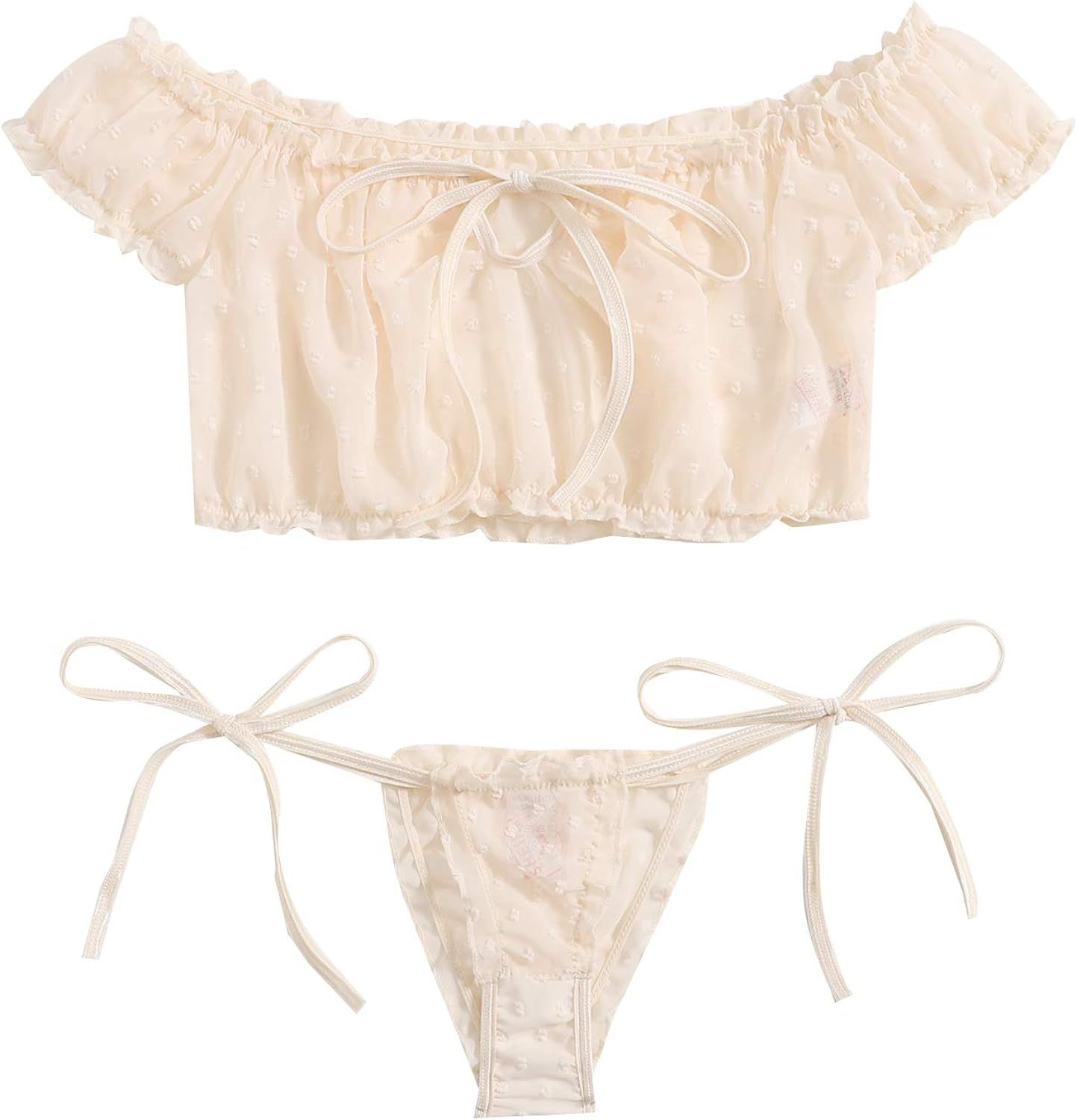 SheIn Women's Self Tie Ruffle Trim Dobby Mesh Lingerie Set Sexy Bra and Panty | Amazon (US)