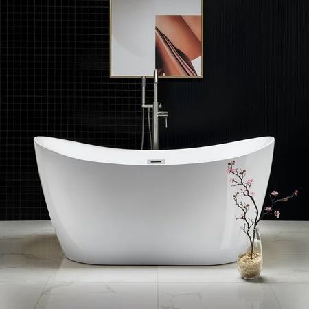 Woodbridge 59"" Acrylic Freestanding Bathtub Contemporary Soaking Tub with Brushed Nickel Overflow a | Walmart (US)
