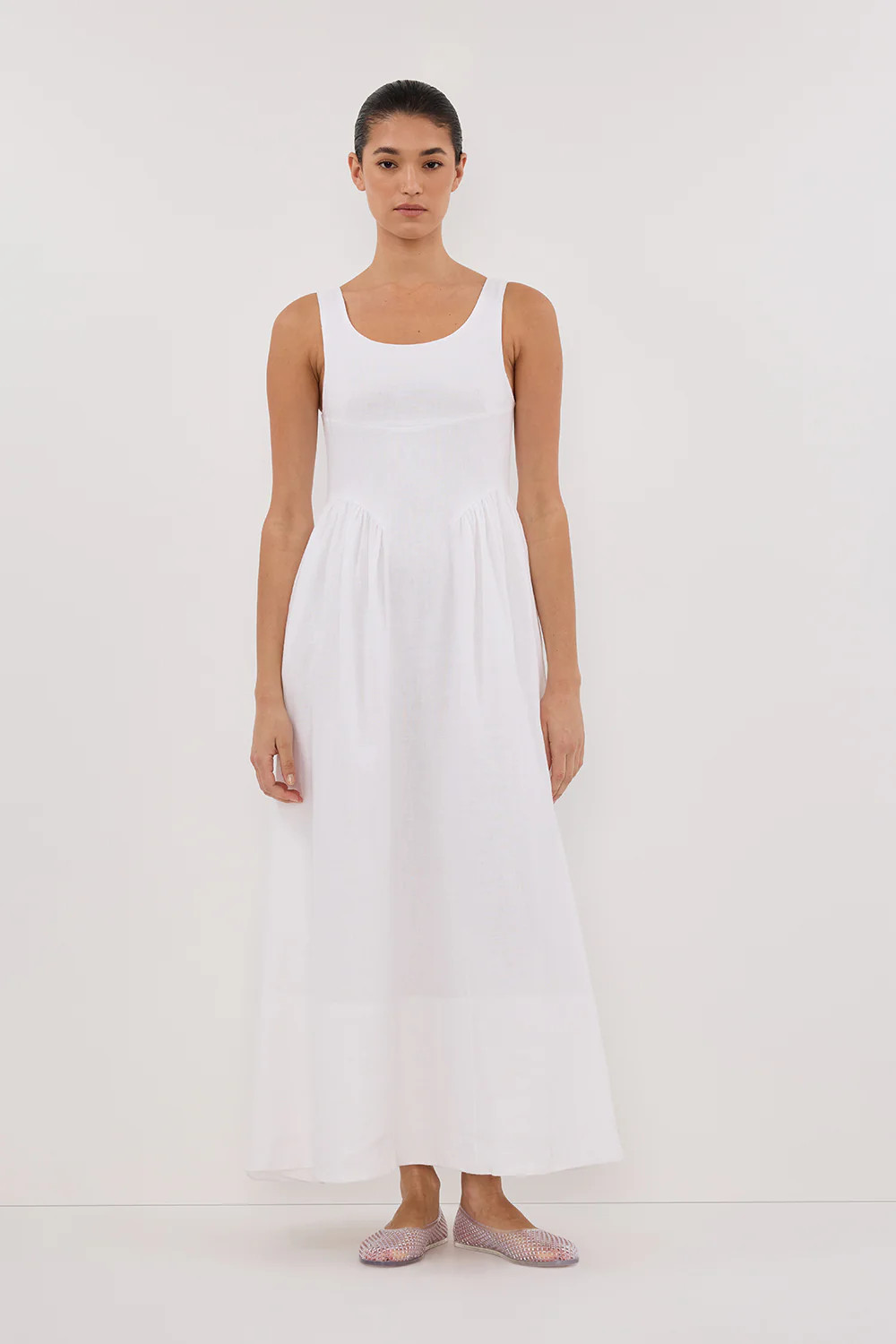 IBIZA WHITE LINEN MIDI DRESS | DISSH