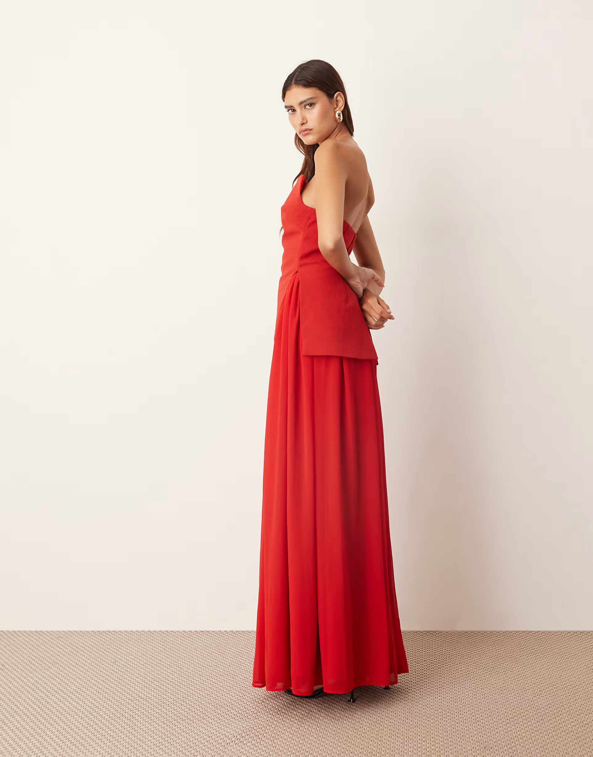 ARRANGE structured bandeau maxi dress with voluminous skirt in red | ASOS (Global)