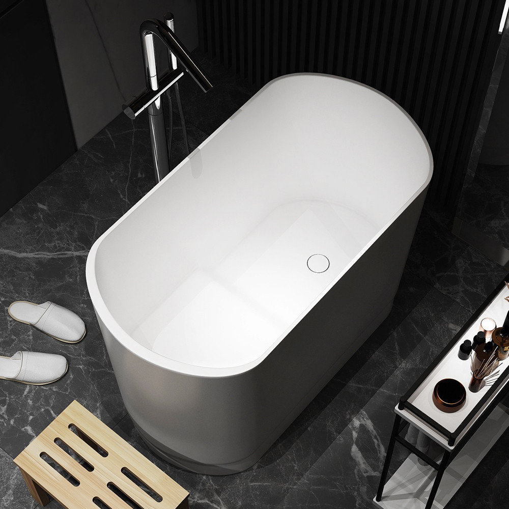 40"" Modern Deep Oval Freestanding Matte White Stone Resin Japanese Soaking Bathtub | Homary