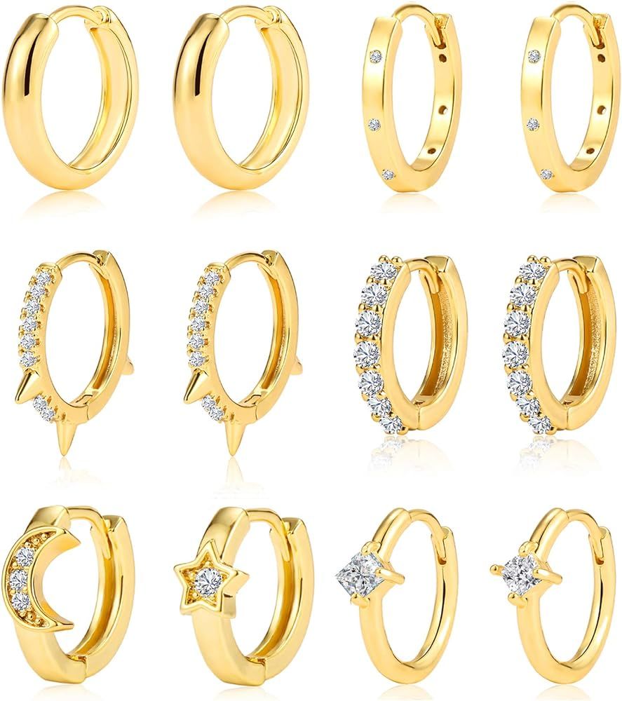 6 Pairs Huggie Hoop Earrings for Women Girls Small Gold Hoops Earrings 14K Real Gold Hypoallergen... | Amazon (US)