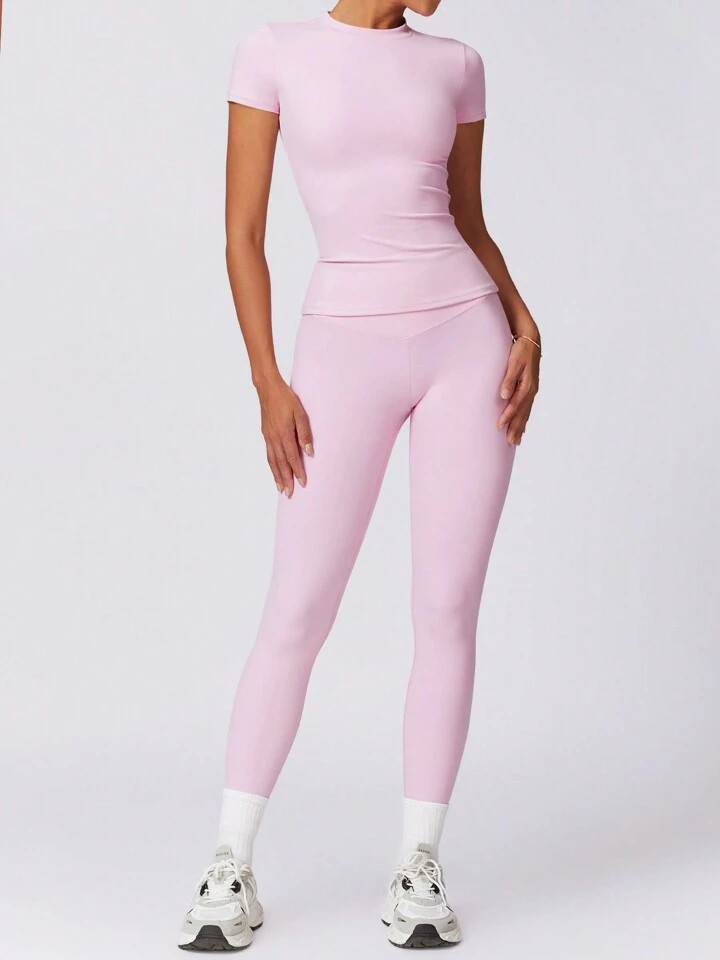 2Piece Set Women's Solid Crop High Waist Biker Pants Tracksuit Set, StreetwearTracksuit, Sporty B... | SHEIN