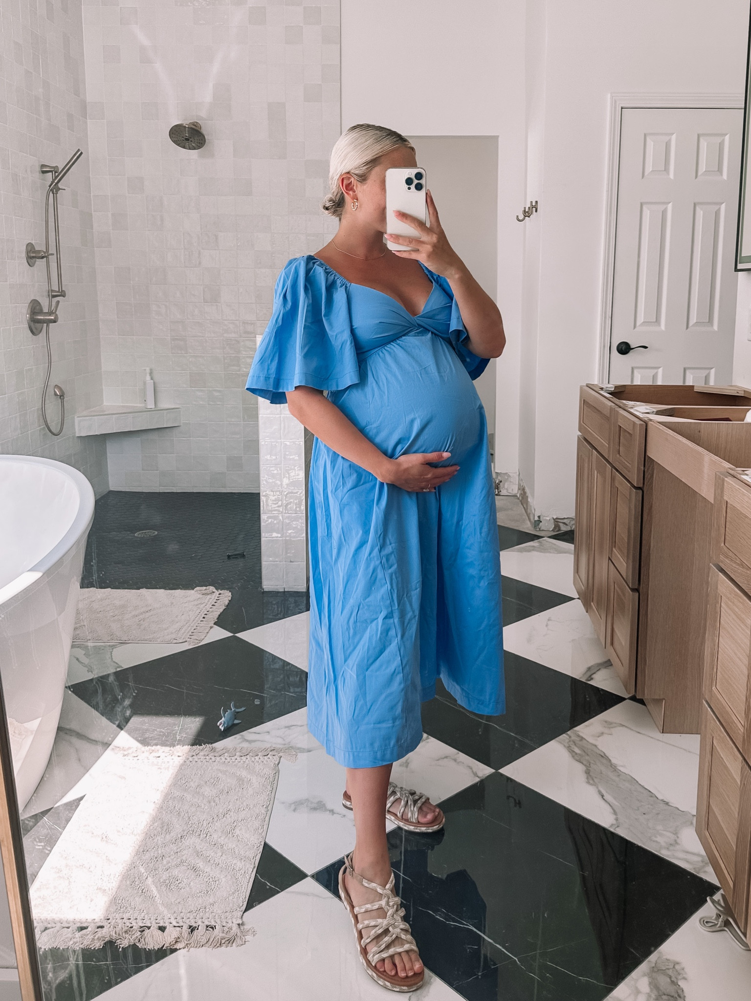 This dress would be SO great for a baby shower! The back is stunning! Wearing a small petite and I’m 5’1 — not maternity but works with the bump. Walmart sandals 

#LTKSeasonal #LTKunder100 #LTKshoecrush