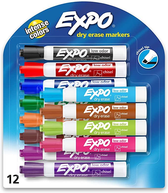 EXPO Low Odor Dry Erase Markers, Chisel Tip, Assorted Colors, 12 Count | Amazon (US)