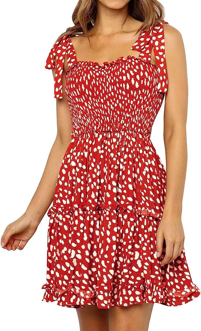 Romanstii Women's Mini Dress Strappy Backless Pleated Flare Ruffle Polka Dot Dresses | Amazon (US)