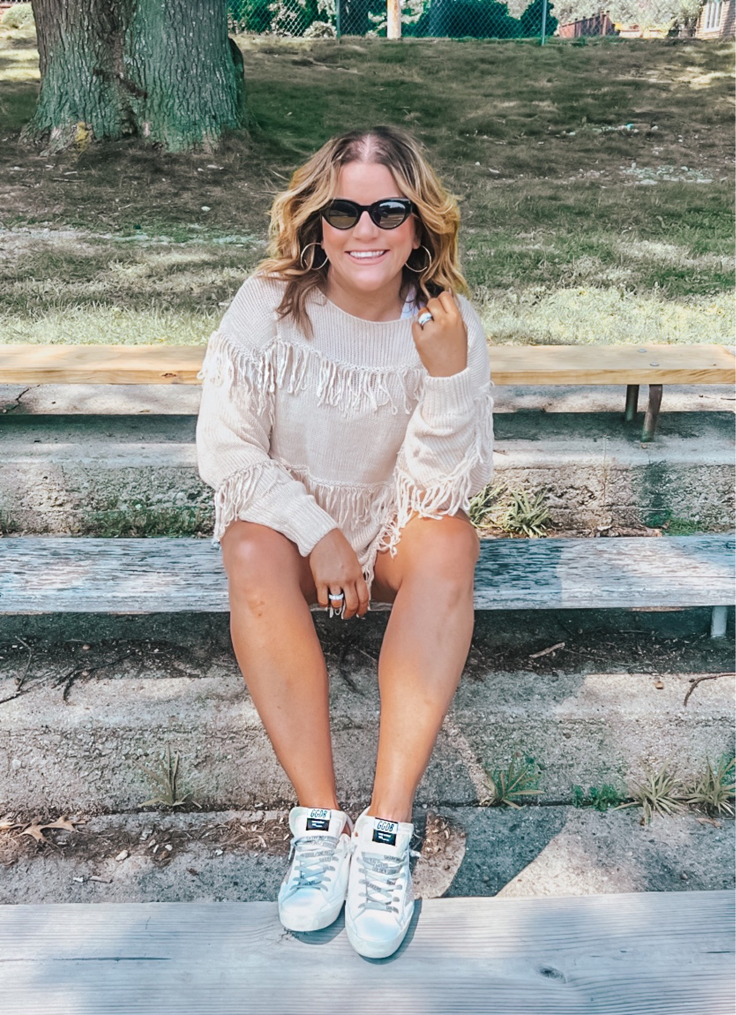 Season transition vibes! Guys, I’m obsessed with this light weight fringe sweater. It’s perfect now for those cool evenings. As we get into fall, I’ll pair this with a pair of boot cut jeans.
This sweater has an oversized fit. You might want to consider going down a size.
Fall outfit, concert outfit, Golden Goose

#LTKSeasonal #LTKover40 #LTKunder50