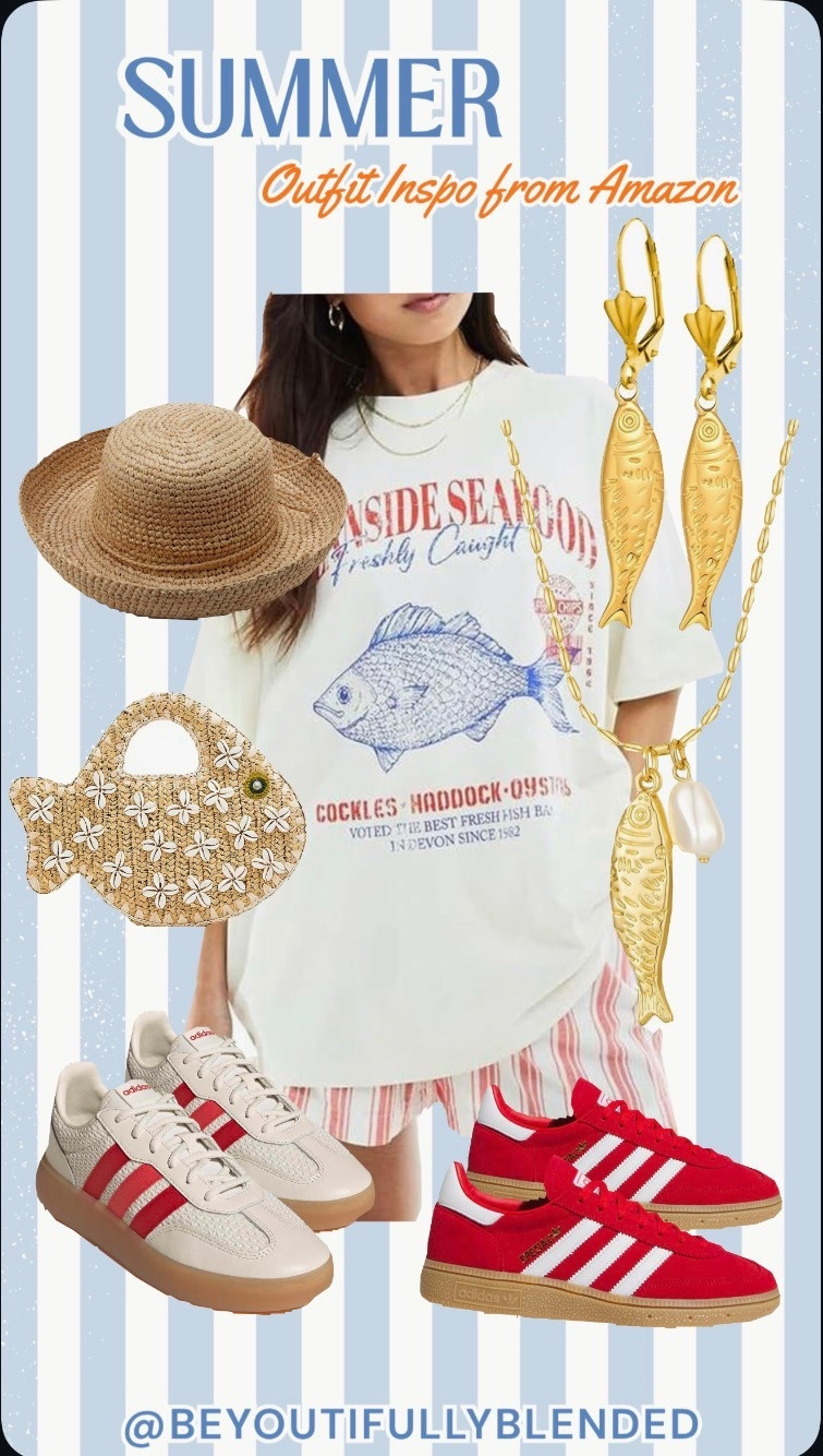 SUMMER outfit inspo you’ll be living in ☀️🐚

Coastal, comfy, and effortlessly cute—this Amazon look is giving beach day to brunch real quick. The oversized graphic tee + striped shorts combo is the ultimate throw-on-and-go, and I’m obsessed with how the gold fish jewelry adds the perfect playful touch.

Style it with a straw hat + woven bag for that easy breezy vibe, and finish it off with your fave sneakers (neutral or bold—both work 👟❤️).

Everything is linked in my LTK 🤍  
Follow me on LTK: @beyoutifullyblended

#LTKStyle #LTKFinds #AmazonFashion #SummerOutfits #CoastalStyle #BeachyVibes #CasualChi

#LTKootd #LTKSeasonal