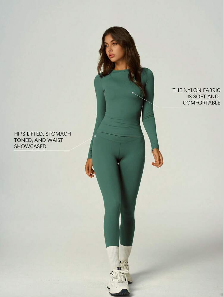 UONNOU Round Neck Long Sleeve Sports Top Paired With Butt-Lifting Yoga Pants, Spring/Summer Activ... | SHEIN