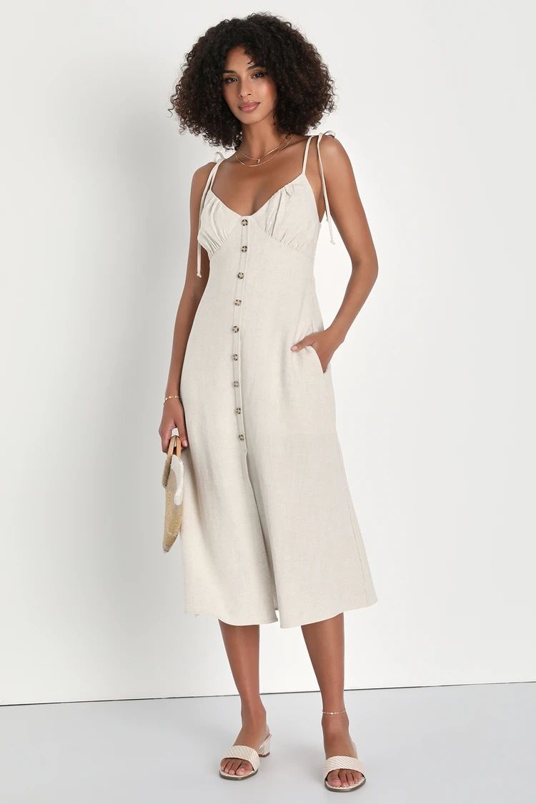 Effortless Sun Beige Linen Tie-Strap Midi Dress With Pockets | Lulus (US)