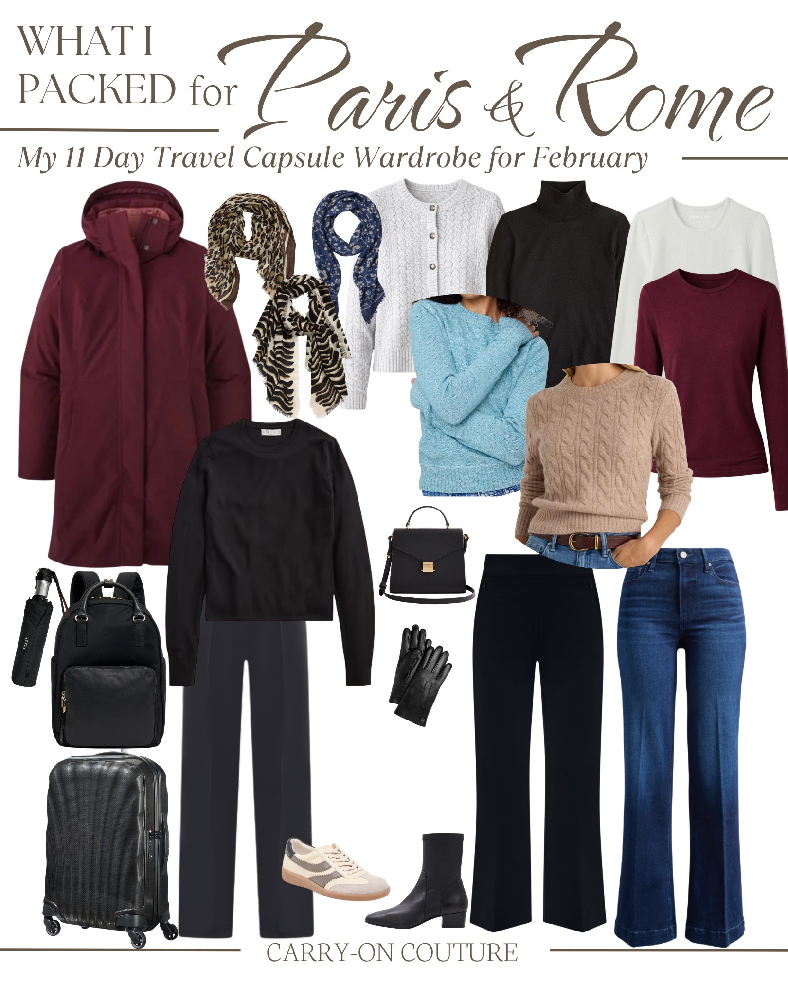 What I Packed for Paris and Rome | Early February | 11 Days

Two travel days (same travel outfit there and back) with 9 days on the ground (arrival day counts as a travel day - I powered it out day one in my travel outift).

Expected weather, February 11-21
Daytime temperatures in the low to mid-50s°F, evenings dipping into the low-40s°F, with rain showers daily. 

I packed with intention: repeatable pieces, natural fibers, and silhouettes that feel polished without sacrificing comfort.

The core wardrobe
4 Cashmere Sweaters
Naturally temperature-regulating and resistant to odor, ideal for rewearing.

2 Merino Long-Sleeve Tees:
Worn on their own or layered under sweaters as lightweight insulation

2 Pairs of Pants:
Dark wash denim for a clean, dressier look
A ponte knit pant that transitions easily from day to evening
Alternating between two pants was absolutely fine - the dark colors hid dirt.  The fabrics were sturdy and held up through multiple wears.  No one noticed (or cared) that I rewore the same pants.

Comfortable walking shoes only:
One Sneaker
One Waterproof Bootie

1 Insulated Waterproof Coat (paired with an umbrella) - I really wanted to bring my beautiful wool coat, but decided with the weather forecast for rain the entire trip, I’d regret not bringing my waterproof option.  The insulatd liner is removeable which comes in handy for temperature shifts.  (The raspberry color is no longer available, but it does come in 4 colors).

Pajamas, Underwear, Socks

Travel day, both directions:
Merino Sweater
Trouser Sweats - look elevated, but comfortable for long haul flight

Finishing pieces:
Gloves
Umbrella
Scarves to keep cozy and to camouflage rewears

⭐️ Comment “TRIP” and I’ll DM you the links! ⚠️ If you don’t receive them, please DM me, and I’ll resend (tech has been glitchy lately).
__________________

Hi! I’m Haley. I created Carry-On Couture to help you curate functional AND beautiful travel capsule wardrobes specifically designed for carry-on travel. Thank you for being here!

#LTKOver40 #LTKTravel