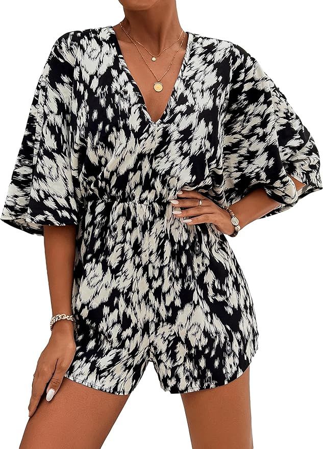 Floerns Women's Allover Print Tie Back Boho Romper V Neck 3/4 Flutter Sleeve Jumpsuit | Amazon (US)