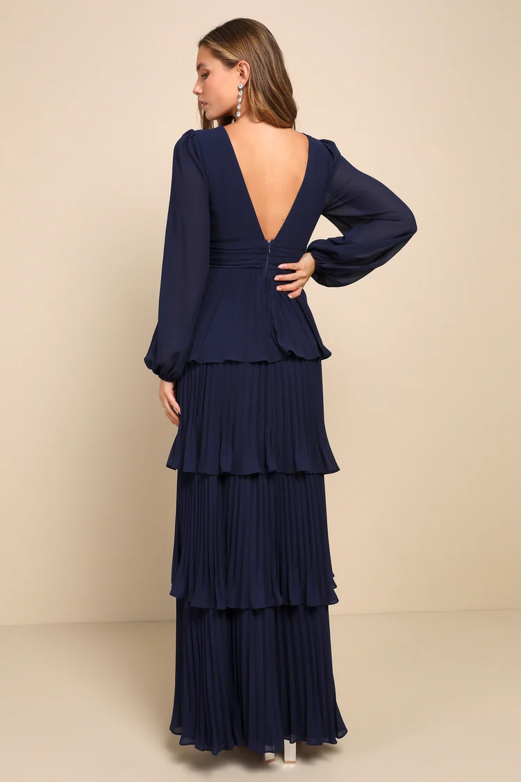 Graceful Finesse Navy Blue Pleated Long Sleeve Maxi Dress | Lulus
