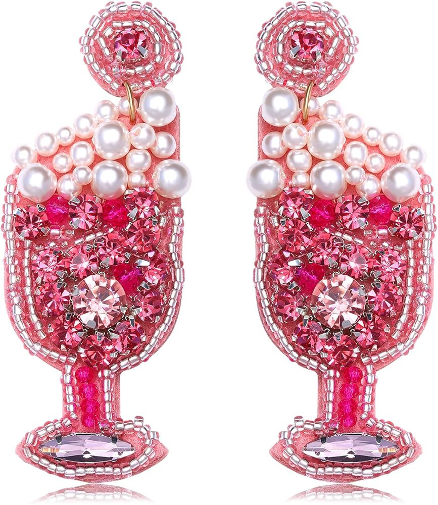 Statement Earrings for Women Handmade Beaded Wine Glass Post Earrings Gorgeous Crystal Drop Dangle E | Amazon (US)